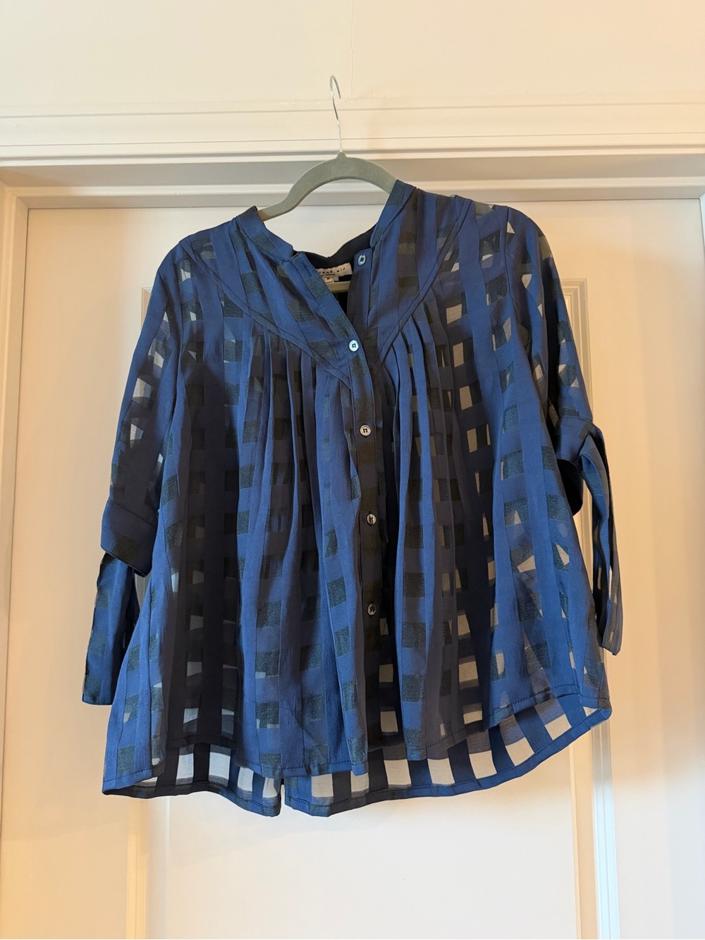 Current Air Navy Blue Sheer Check Button-Front Blouse